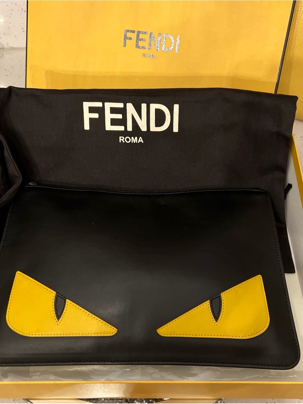 Fendi Monster Black Leather Clutch with Yellow Eye Appliqués